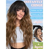 abordables Perruques Synthétiques Sans Bonnet-perruque avec frange longue perruque ondulée pour femme perruque en cheveux synthétiques pour une utilisation quotidienne en soirée