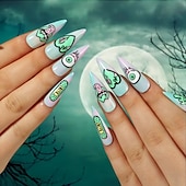 cheap Accessories-24pcs/set Long Starry Sky Gradient Green Heart, Eye, Mouth  Halloween  False Nail Tip Press on