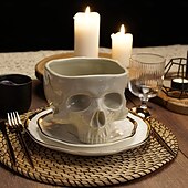 billige Halloween-menneskeskallebolle for å spise matsikker skjeletthode pastabolle bærbar frokostblandingbeger hjemmebar godteriservering &amp;punch dispenser retro gotisk bordplate ornament goth spisebord midtpunkt