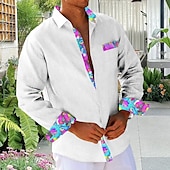 preiswerte Blumenmuster-Herren Blumen Tropische Blumen Strandhemd Hawaiihemd Sommerhemd Knopfhemd Langarm Hemd Hemden mit Kragen Hawaiianisch Urlaub Täglich Weiß Gelb Blau S M L
