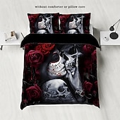 cheap Duvet Cover Sets-Gothic Cool Skull Floral Print 3-Piece Duvet Cover Set Bedding Set - Unique and Artistic Design - Includes Duvet Cover and Pillowcases - Soft and Durable Fabric - Perfect for Adding an Edgy Touch to Your Bedroom Decor