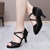 abordables Chaussures de danses latines-chaussures de danse de salon en satin noir pour femmes avec bride croisée et boucle en strass, talons confortables pour la danse latine et la salsa