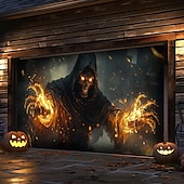 tanie Dekoracja Halloween-dekoracje drzwi halloweenowych na zewnątrz halloweenowa osłona drzwi garażowych baner jack o lantern dynia szkielet śmierć na zewnątrz duże tło dekoracja na święta zewnętrzne drzwi garażowe dekoracje