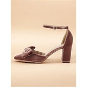 preiswerte Block Heels-Braune Pumps aus Samt mit spitzer Spitze und Fesselriemchen sowie Blockabsatz und Schleifendetail für Damen für Partys und formelle Anlässe