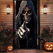 billige Halloween dørdeksler-halloween dørdekorasjoner halloween dørdeksler ansikt død dør tapet dør gardin dekorasjon bakteppe dør banner for inngangsdør gårdshus ferie fest innendørs utendørs dekor forsyninger