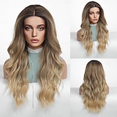 abordables Perruques synthétiques à dentelle-Perruque en dentelle synthétique Ondulation naturelle Style 26 pouce Ombre Blond Marron Foncé Doré Partie médiane Ouverte Perruque Femme Perruque Brun doré avec blond
