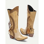 levne Cowboy &amp; Western Boots-dámské hnědé westernové kovbojské boty s třásněmi a cvočky, vintage boty ke kolenům pro rodeo a country outfit