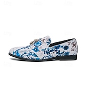abordables Semi-formel-mocassins à imprimé floral pour hommes avec détails à pompons - chaussures habillées à enfiler de style vintage pour les occasions formelles