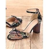 economico Block Heels-scarpe col tacco a blocco con cinturino alla caviglia e motivo floreale da donna con dettaglio fiocco, perfette per le occasioni di ispirazione vintage