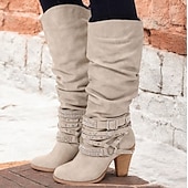 olcso Slouch Boots-női bézs lompos, térdig érő csizma csattal és szegecsekkel, vintage western stílusú őszi és téli alkalmi viselethez