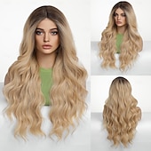 abordables Perruques synthétiques à dentelle-Perruque en dentelle synthétique Ondulation naturelle Style 26 pouce Blond Partie médiane Ouverte Perruque Femme Perruque Brun doré avec blond