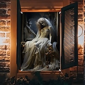 cheap Halloween Wall Tapestries-Halloween Window Cover Decorations, Fabric Ghost Bride Creepy Halloween Curtain Horror Movie Poster Window Door Covering Decor for Haunted House, Scary Halloween Window Clings Decals Indoor Outdoor