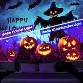 cheap Halloween Wall Tapestries-Halloween Decorations Blacklight Tapestry UV Reactive Glow in the Dark Glow Party Skulls Psychedelic Trippy Misty Hanging Tapestry Wall Art Mural for Living Room Bedroom Pumpkins