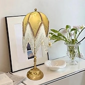 cheap Bedside Lamp-LED Table Lamp 3-Color Light Source Tassel Retro Fabric Bedside Lamp Premium Classic Victorian Style Nightstand Lamp with Beaded Fringe Trim for Bedroom Study 110-240V