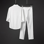 voordelige Basic overhemden voor heren-Voor heren Overhemd met bandkraag 2-delig Overhemdset Zomerset Bijpassende sets Strand Kleding Zwart Wit Grijs Halve mouw Effen Kraag Buiten Straat Trekkoord Kleding Polyester Comfortabel Ruimvallend