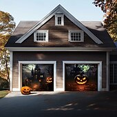 billige Halloween garasjeportdeksel-halloween dørdekorasjoner utendørs halloween garasjedørdeksel jack o lanterne gresskar slott banner skummel skog stort bakteppe dekorasjon for ferie utendørs garasjedør hjem veggdekorasjoner