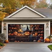 billige Halloween garasjeportdeksel-halloween dørdekorasjoner utendørs halloween garasjedørdeksel jack o lanterne gresskar slott banner skummel skog stort bakteppe dekorasjon for ferie utendørs garasjedør hjem veggdekorasjoner