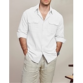 voordelige Thuis-Voor heren Overhemd Katoenen linnen overhemd Zomer overhemd Strand Kleding Normaal shirt Overhemd met knopen Effen Vakantie Casual Zwart Wit blauw Lange mouw Revers Lente zomer Kleding Zak