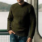 preiswerte Herrenpullover-Herren Pullover Strickpullover Gerippt Gehäkelt Stricken Standard Strick Glatt Rundhalsausschnitt Modisch Basic Freizeitskleidung Verabredung Bekleidung Herbst Winter Schwarz Weiß S M L