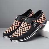 abordables Occasionnel-mocassins à enfiler à carreaux marron et blanc pour hommes avec similicuir et toile, chaussures décontractées confortables à porter au quotidien