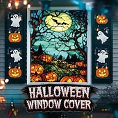 cheap Wall Tapestries-Halloween Window Cover Decorations, Fabric Stained Glass Pumpkin Halloween Curtain Poster Window Door Covering Decor for Haunted House, Scary Halloween Window Clings Decals Indoor Outdoor
