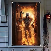 levne halloweenské nástěnné tapisérie-dekorace na halloweenská okna, látková lebka z ohně plakát na halloweenskou záclonu na okenní dveře dekorace pro strašidelný dům, strašidelné nálepky na halloweenská okna vnitřní venkovní