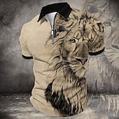 cheap Men&#039;s Animal Print Polo-Men&#039;s Lion Zip Polo Shirts Golf Shirt Short Sleeve Polo Shirts Collared Shirts Funny Streetwear Vacation Wear Party Outfits 3D Print Quarter Zip Polo Summer Spring Khaki