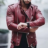 preiswerte Lederjacken-Herren Kunstlederjacke übergangsjacke Mantel Bikerjacke Täglich Outdoorbekleidung Winddicht Tasche Frühling &amp; Herbst Einfach Punk Lässig Revers Regulär Schwarz Wein Blau Braun Jacken