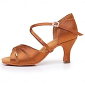 abordables Chaussures de danses latines-chaussures de danse de salon en satin noir pour femmes avec bride croisée et boucle en strass, talons confortables pour la danse latine et la salsa
