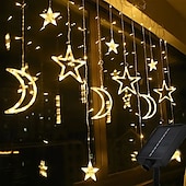 abordables Lumières de cordes solaires-Rideau lumineux en forme d&#039;étoile et de lune avec télécommande, 3,5 m, 138 LED, 8 modes, pour mariage, fête de Noël, extérieur, étanche, pour tente, chambre à coucher, salon, balcon, fenêtre,