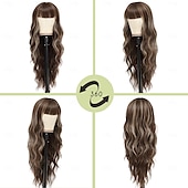 economico Parrucche trendy sintetiche-parrucche lunghe con frangia per donne parrucche per capelli ricci e ondulati parrucche in fibra sintetica resistenti al calore per l&#039;uso quotidiano alle feste