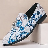 abordables Semi-formel-mocassins à imprimé floral pour hommes avec détails à pompons - chaussures habillées à enfiler de style vintage pour les occasions formelles