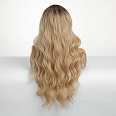 abordables Perruques synthétiques à dentelle-Perruque en dentelle synthétique Ondulation naturelle Style 26 pouce Blond Partie médiane Ouverte Perruque Femme Perruque Brun doré avec blond