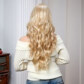 abordables Perruques Synthétiques Sans Bonnet-Perruque Synthétique Bouclé Ondulé Coupe Droite Avec Frange Fabriqué à la machine Perruque 26 pouces Blond Cheveux Synthétiques Femme Mignon Cosplay Soirée Blond