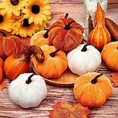 levne Halloweenové závěsné a stolní dekorace-6 ks rozmanitých malých sklizňových umělých sametových dýní - podzim, díkůvzdání dekorativní pěnové dýně v rezavě oranžové a bílé na podzim, díkůvzdání, svatební výzdoba