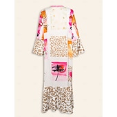 cheap Print Casual Dress-Satin Leopard Print Button Up Crew Neck Casual Daily Maxi Dress