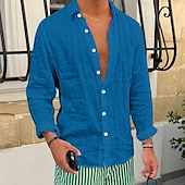 economico Strada-Per uomo Camicia Camicia di lino Camicia Estiva Camicia da Spiaggia Camicie sbottonate Semplice Vacanza Casuale Nero Bianco Rosa Blu reale Manica Lunga Bavero Primavera &amp; Estate Abbigliamento