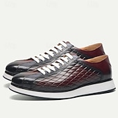 cheap Premium Leather Sneakers-Men&#039;s Quilted Cowhide Leather Lace-Up Sneakers with Red and Black Gradient Design - Stylish Casual Shoes for Everyday Wear