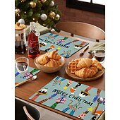 abordables Figuras coleccionables-Juego de 4 manteles individuales navideños de algodón y lino para decoración de mesa de invierno, fiestas, cocinas, comedores, etc., de temporada, para exteriores, interiores y exteriores, 30 x 45 cm