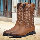 abordables Cowboy et bottes occidentales-bottes de cowboy western marron pour hommes - similicuir avec détails brodés pour un style extérieur classique