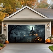 billige Halloween garasjeportdeksel-halloween dørdekorasjoner utendørs halloween garasjedørdeksel jack o lanterne gresskar slott banner skummel skog stort bakteppe dekorasjon for ferie utendørs garasjedør hjem veggdekorasjoner
