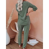 billiga Sovkläder till damer-pyjamasset för kvinnor ren färg mode grundläggande komfort hem daglig säng andas rund hals långärmad byxficka resår midja höst vinter hem outfits