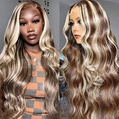 economico Parrucche lace front capelli veri-p4/613 evidenzia biondo 13x4 parrucche frontali in pizzo parrucche con onde del corpo in capelli umani densità 180%