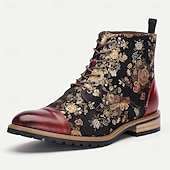 cheap Premium Leather Boots-Men&#039;s Jacquard Fabric and Leather Ankle Boots - Floral Pattern Lace-Up Design for Vintage-Inspired Fashion