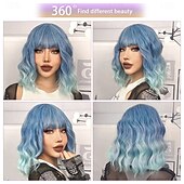 billiga Syntetiska peruker utan hätta-peruk kort kropp vågiga bob peruker för kvinnor med lugg axellängd syntetisk cosplay festperuk för tjejer daglig användning färgglada peruker
