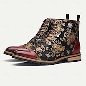 cheap Premium Leather Boots-Men&#039;s Jacquard Fabric and Leather Ankle Boots - Floral Pattern Lace-Up Design for Vintage-Inspired Fashion