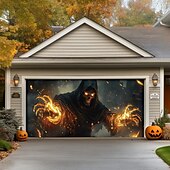tanie Dekoracja Halloween-dekoracje drzwi halloweenowych na zewnątrz halloweenowa osłona drzwi garażowych baner jack o lantern dynia szkielet śmierć na zewnątrz duże tło dekoracja na święta zewnętrzne drzwi garażowe dekoracje
