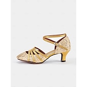 economico Scarpe per balli latini-scarpe da ballo latino da donna con brillantini dorati, lacci e cinturini incrociati - eleganti calzature da ballo da sala