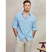 voordelige Thuis-Voor heren Overhemd Katoenen linnen overhemd Zomer overhemd Strand Kleding Normaal shirt Overhemd met knopen Effen Vakantie Casual Zwart Wit blauw Lange mouw Revers Lente zomer Kleding Zak