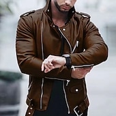 preiswerte Lederjacken-Herren Kunstlederjacke übergangsjacke Mantel Bikerjacke Täglich Outdoorbekleidung Winddicht Tasche Frühling &amp; Herbst Einfach Punk Lässig Revers Regulär Schwarz Wein Blau Braun Jacken